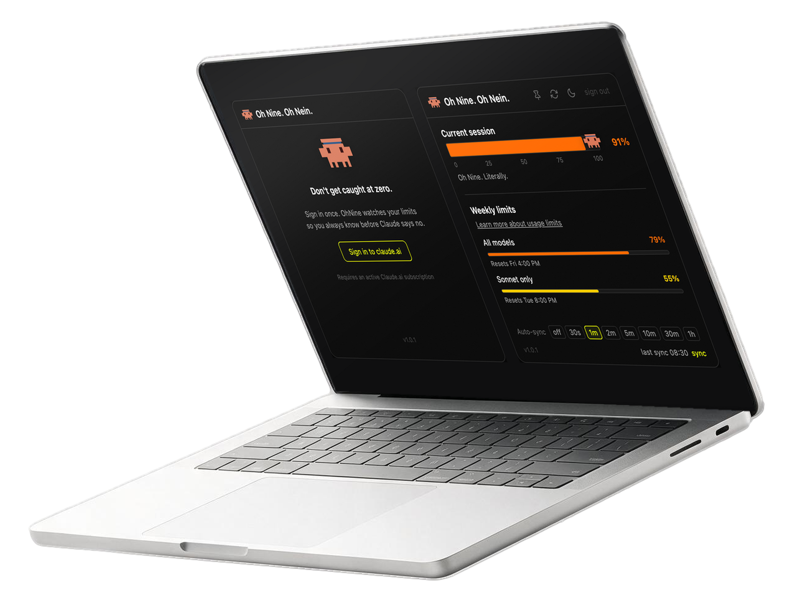 OhNine on a laptop: the current session meter at 91 percent and the weekly limits under it, with the sign-in panel beside it
