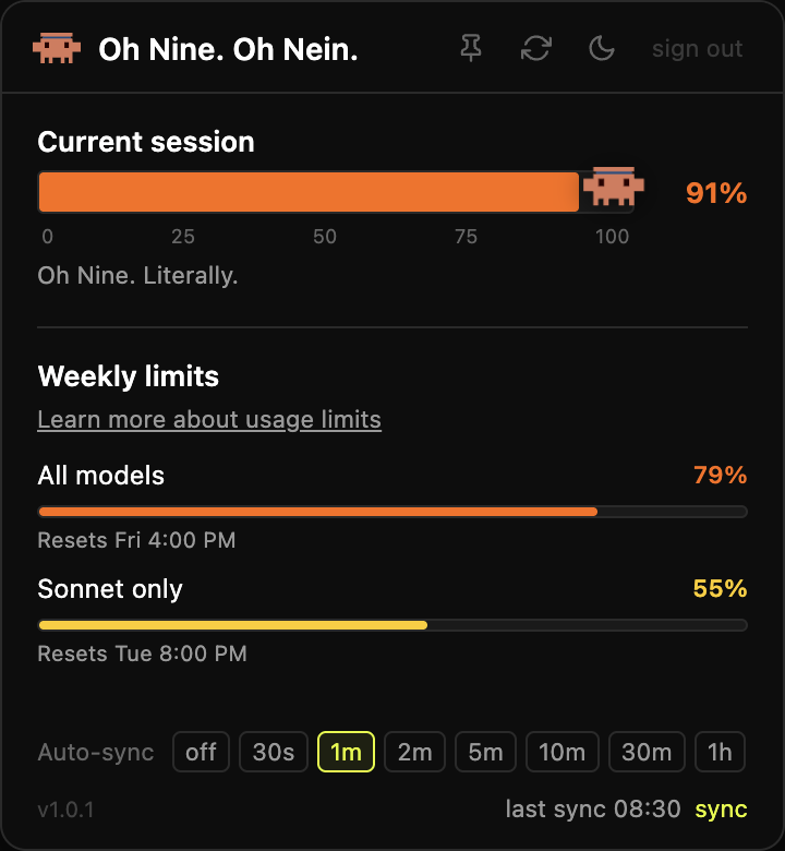 OhNine - Claude Usage Meter for macOS, Windows & Linux