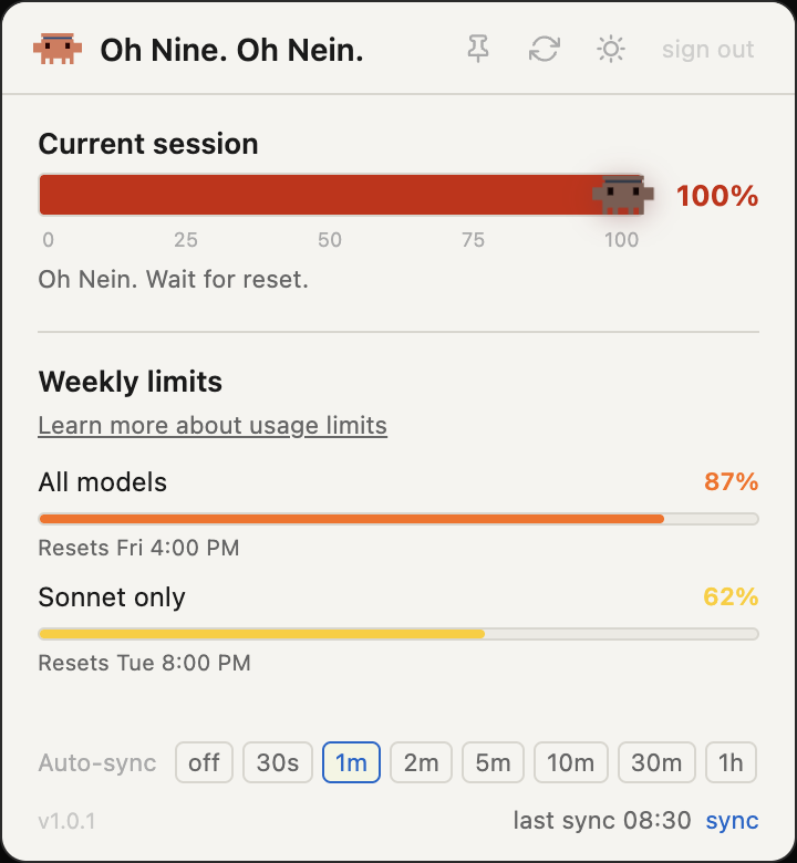 OhNine - Claude Usage Meter for macOS, Windows & Linux