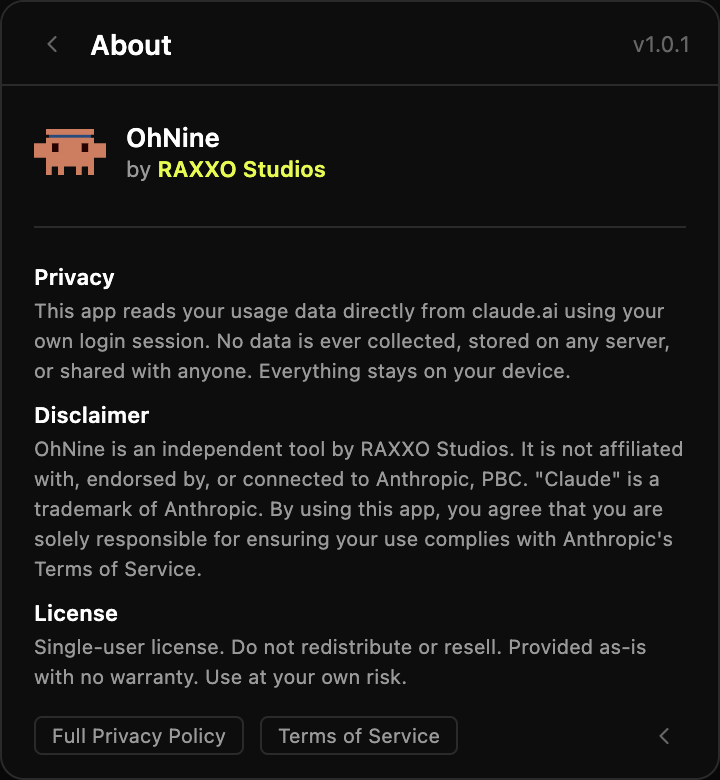 OhNine - Claude Usage Meter for macOS, Windows & Linux