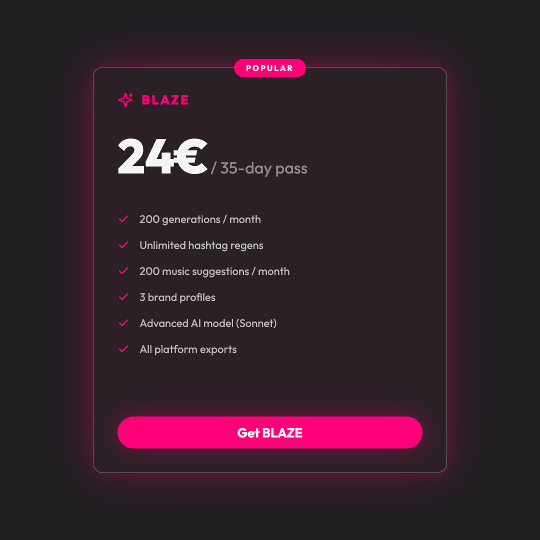 RAXXO Studio BLAZE pass: 24€ for 35 days, 200 generations per month, most popular