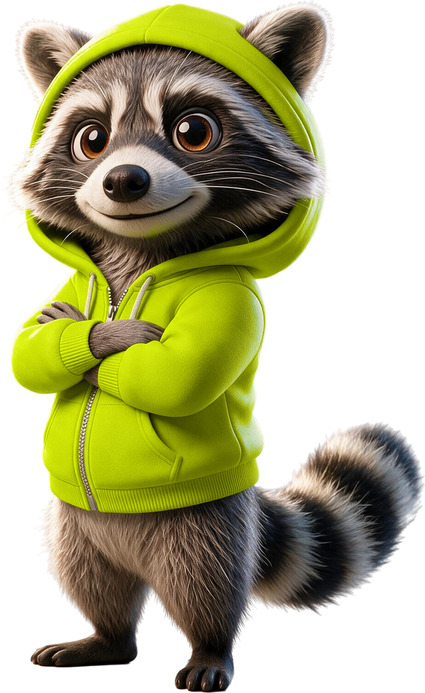 RAXXO, the studio raccoon, in a lime hoodie with his arms folded and his ringed tail out, standing on the lit studio floor