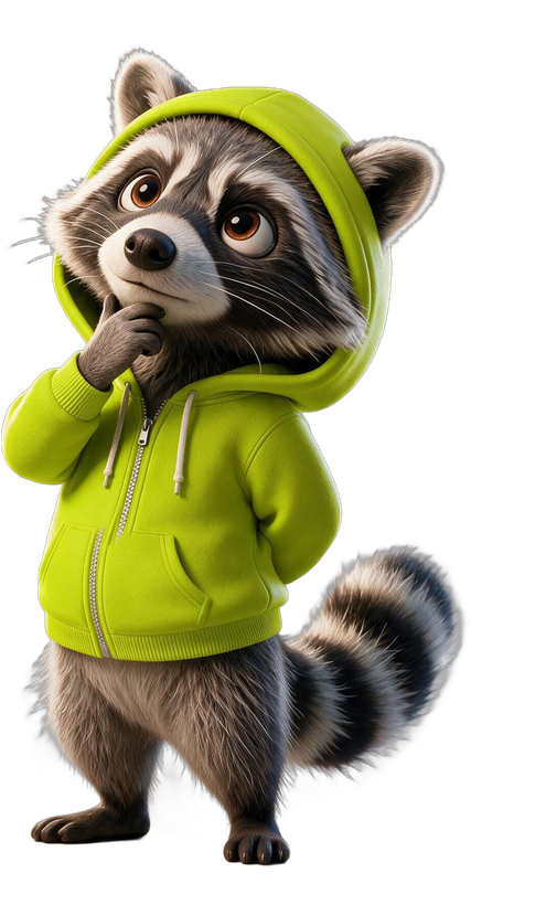 RAXXO the raccoon in a lime hoodie, hood up, a paw at his chin, thinking it over.