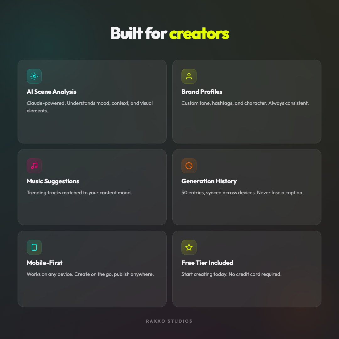 RAXXO Studio features - AI analysis, brand profiles, music suggestions, history