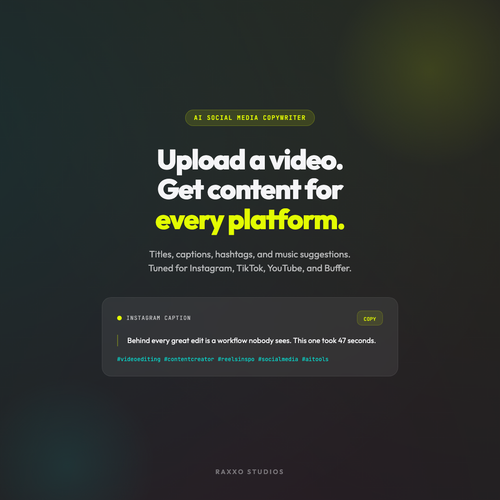 RAXXO Studio AI social media copywriter generating captions from video
