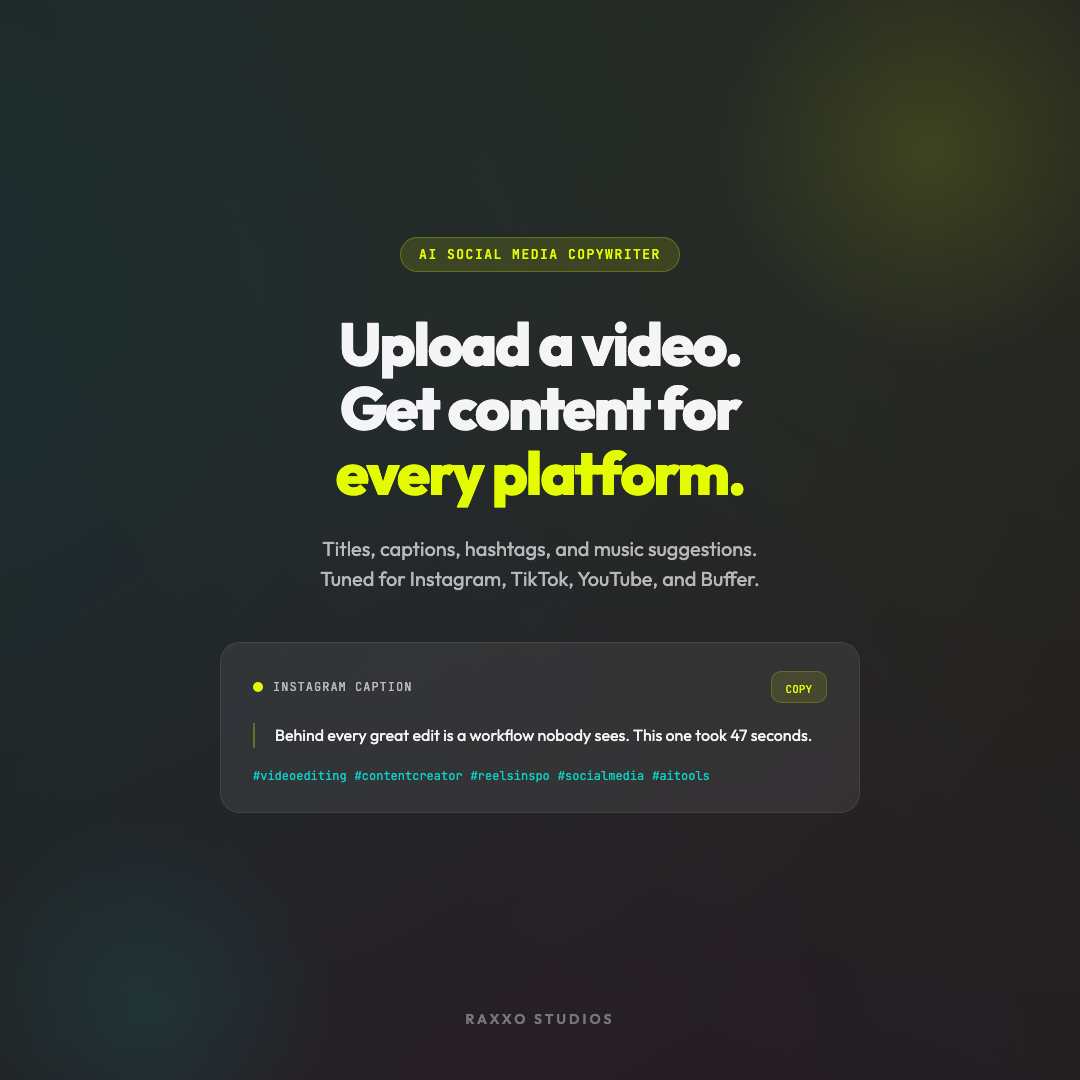RAXXO Studio AI social media copywriter generating captions from video