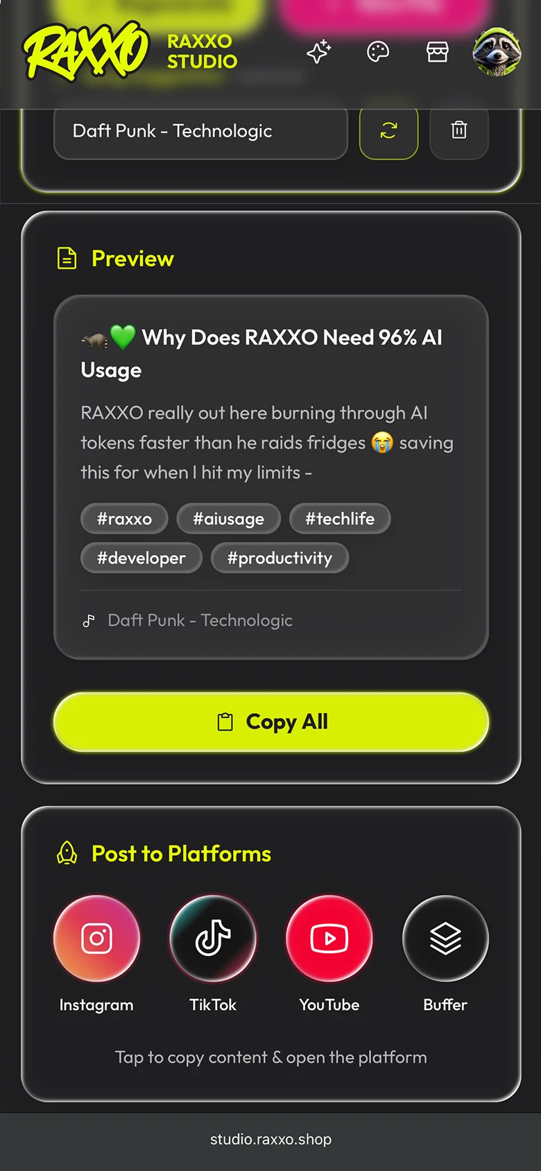 RAXXO Studio results on mobile