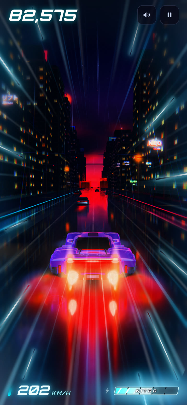 NIGHTMILE running on an iPhone in portrait: the car mid-drift through a neon city at night, combo multiplier climbing at the top of the screen.