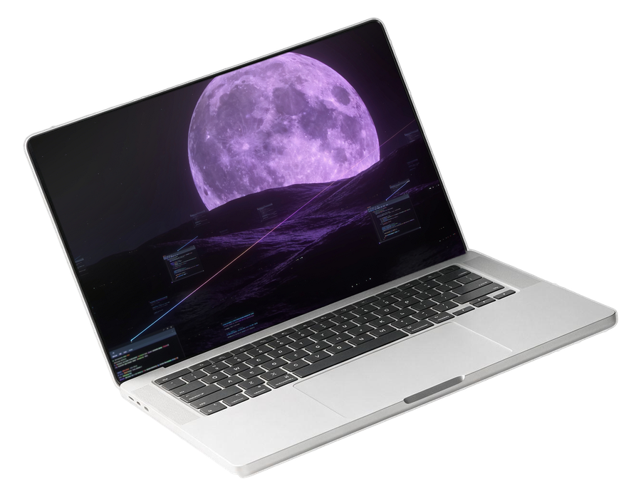 FULLMOON on a laptop: the product artwork, a full moon over a ridge with scan windows open across the sky