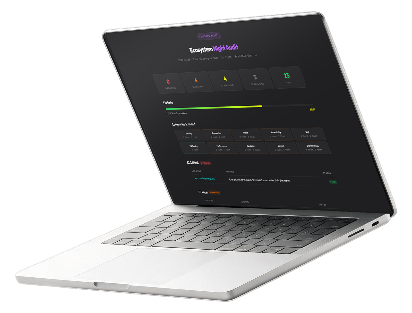The FULLMOON findings table on a laptop: located findings with a severity and a status against each one.