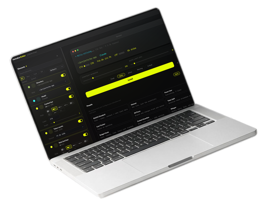 Statusline Builder: the live terminal preview, sliders, the Install button and the presets