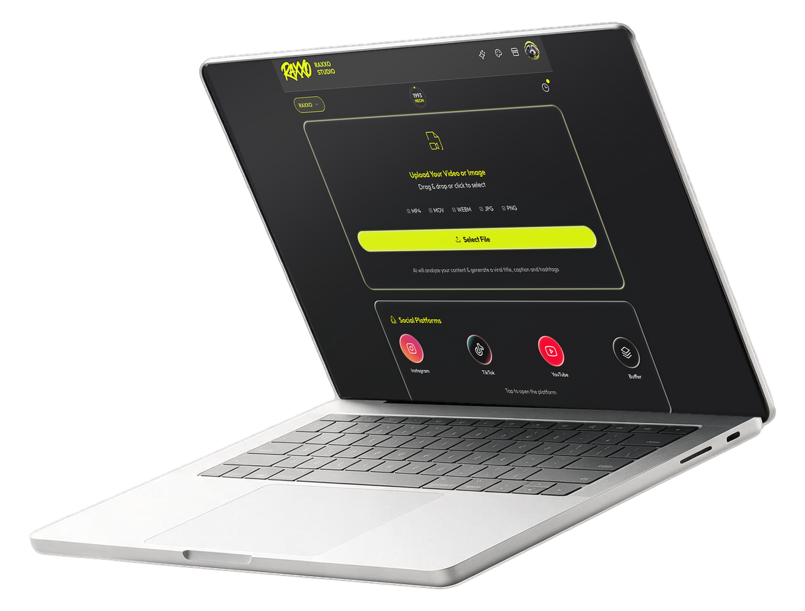 RAXXO Studio on a laptop, close on the upload panel: Upload Your Video or Image, drag and drop or click to select, MP4 MOV WEBM JPG and PNG accepted, and the Select File button